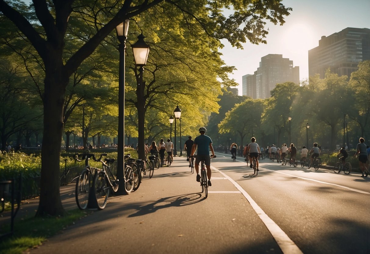 A vibrant cityscape with bustling streets, people cycling, walking, and exercising in parks, surrounded by nature and urban green spaces