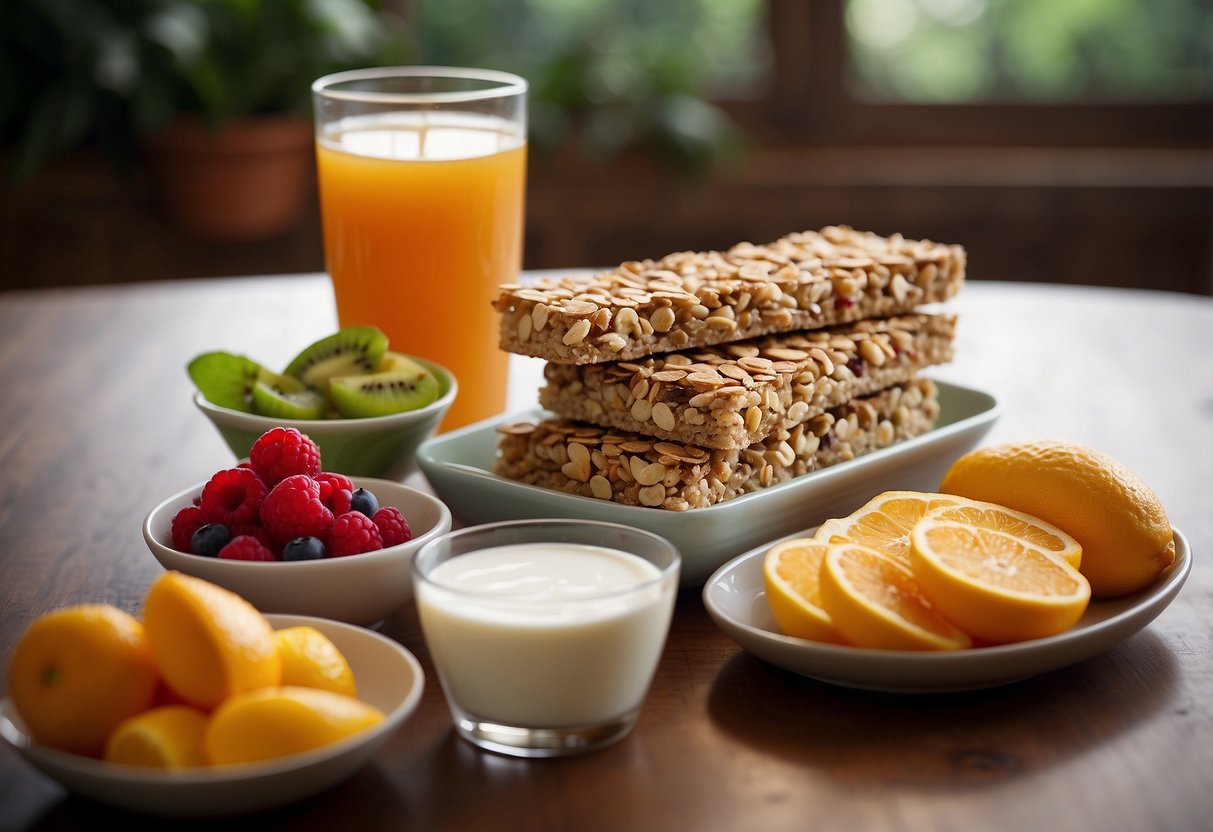 A table filled with common "healthy" foods: granola bars, fruit juice, and low-fat yogurt. A large "X" over each item to symbolize debunking nutritional myths