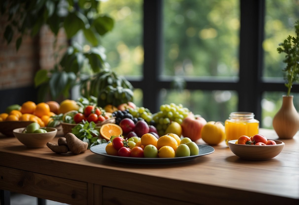 A table set with a variety of colorful, fresh fruits and vegetables, a serene atmosphere with soft lighting and natural elements