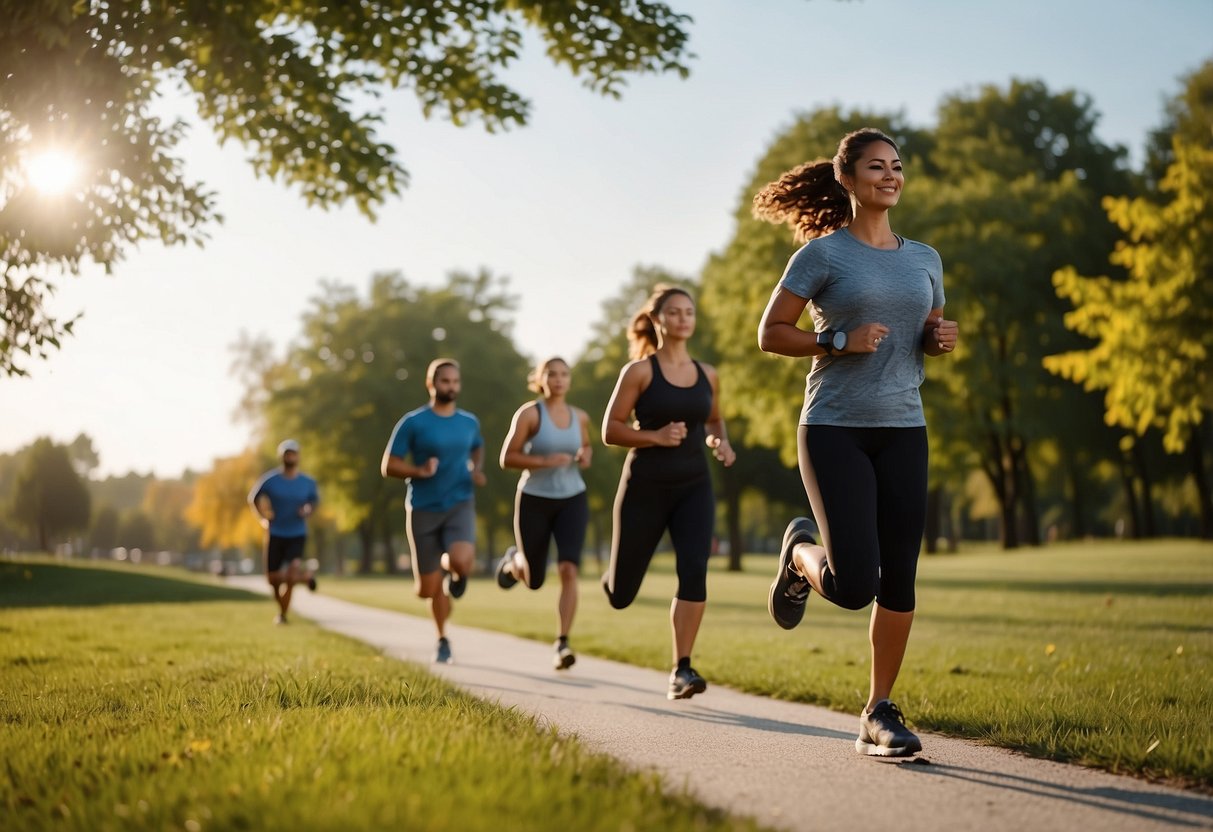 People jogging, biking, and swimming in a park. A person doing yoga on the grass. Birds flying in the sky. Trees swaying in the wind