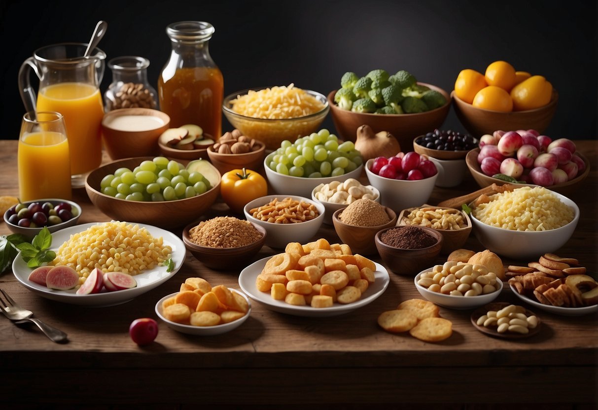 A table with various food items labeled with macronutrient content, surrounded by floating myths being debunked