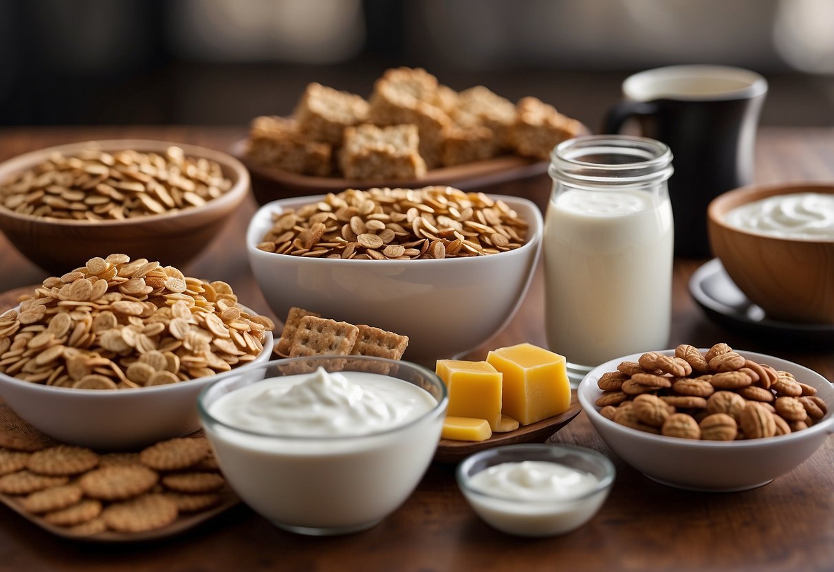 Various processed foods (cereal, granola bars, yogurt) displayed with misleading health claims. Nutritional labels and debunking evidence scattered around