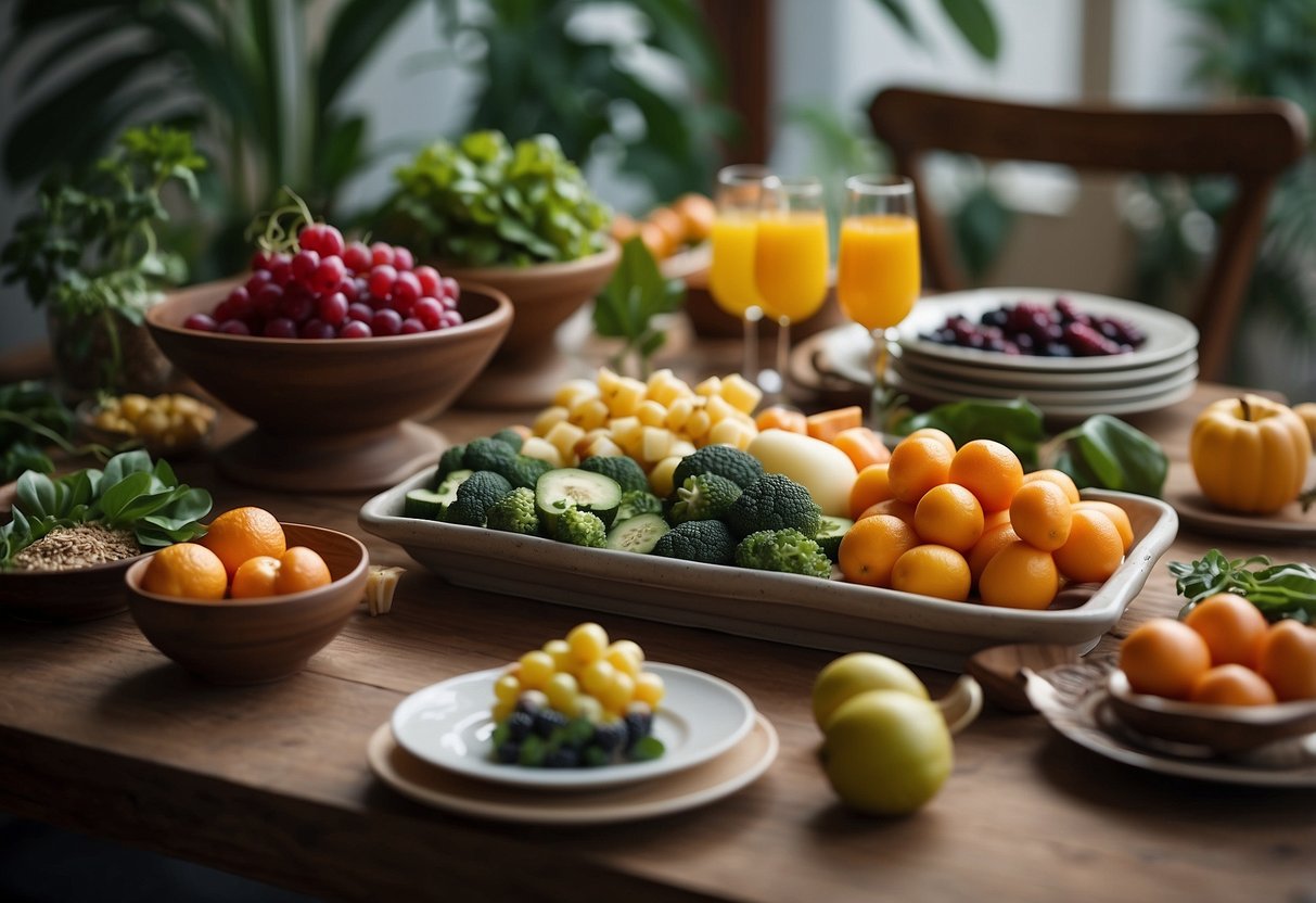 A serene table setting with a variety of colorful, whole foods arranged in a balanced and harmonious manner