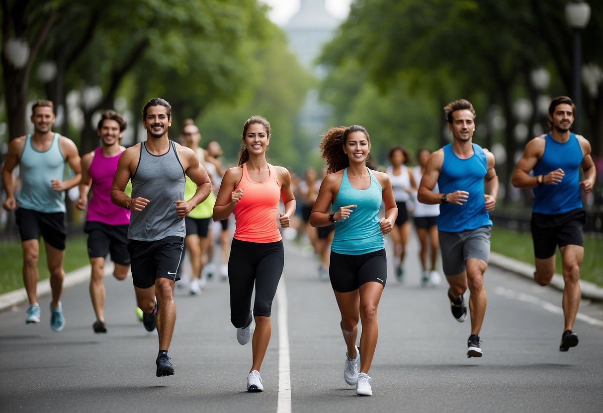 A vibrant cityscape with people engaged in various physical activities, such as running, cycling, and yoga in a park, showcasing the transformative power of daily movement on health