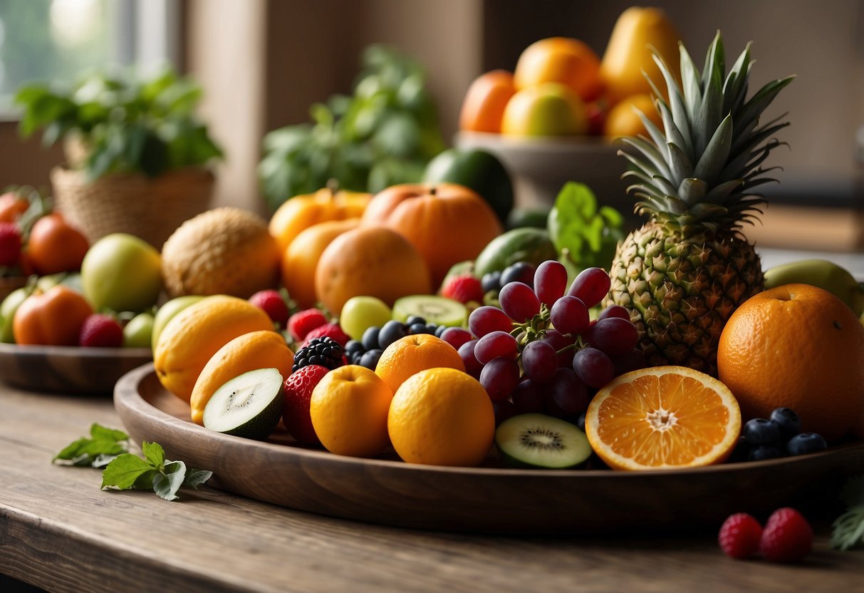 A table set with a colorful array of fresh fruits, vegetables, and grains. A serene atmosphere with soft lighting and natural surroundings