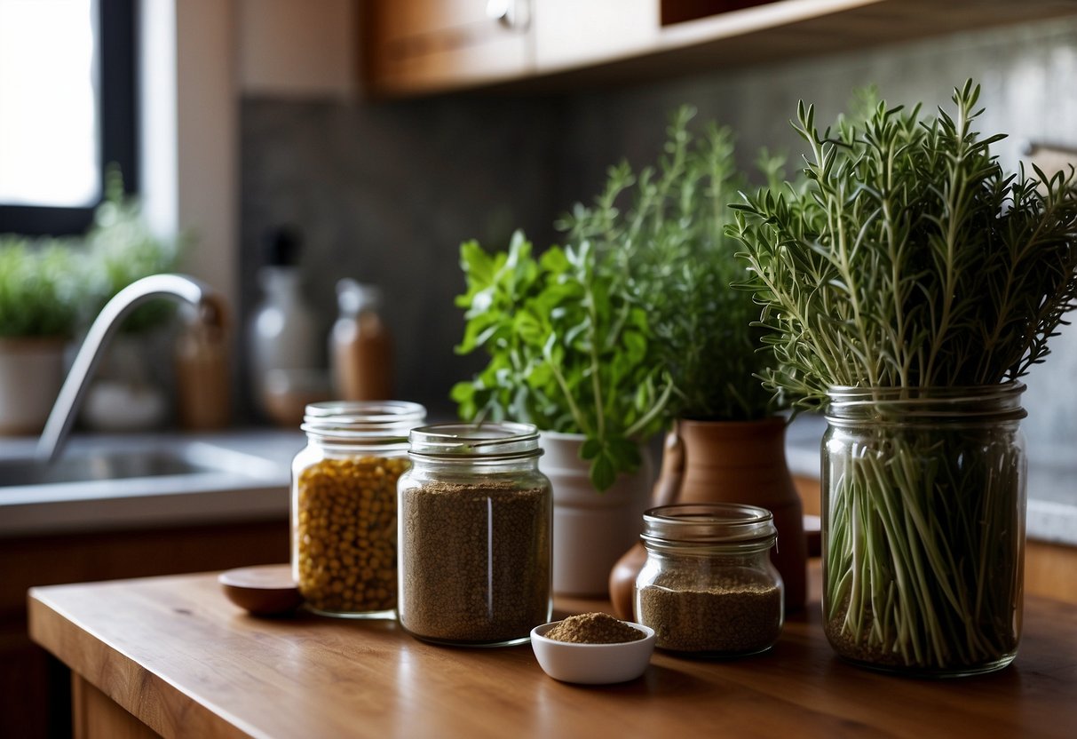 A kitchen counter adorned with fresh herbs and spices, with jars of homemade herbal remedies and a mortar and pestle for preparation