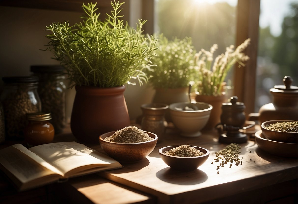 A cluttered kitchen counter displays jars of herbs, mortar and pestle, and open recipe book. Sunlight streams through the window, casting a warm glow on the natural remedies