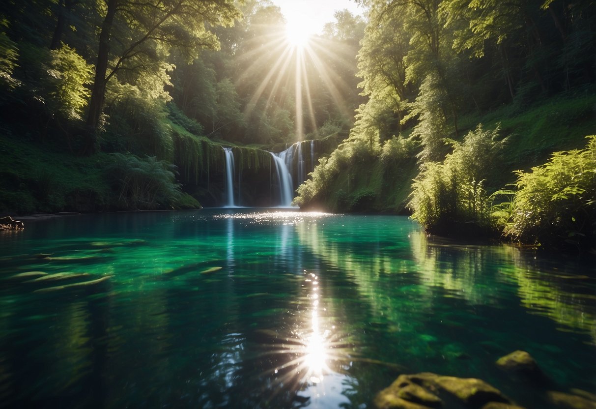 A serene lake surrounded by lush greenery, with a waterfall cascading into the crystal-clear water. The sun glistens off the surface, creating a peaceful and inviting scene for cold water therapy