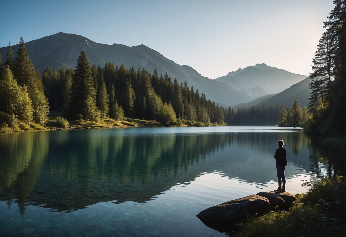 A serene mountain lake surrounded by lush greenery, with a person's silhouette standing at the water's edge, symbolizing the historical background and wellness benefits of cold water therapy