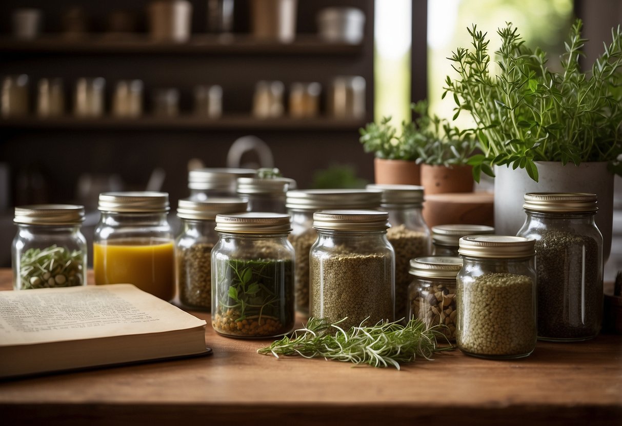 A kitchen counter covered in jars of herbs, mortar and pestle, and a book titled "Herbal Remedies for Modern Ailments"