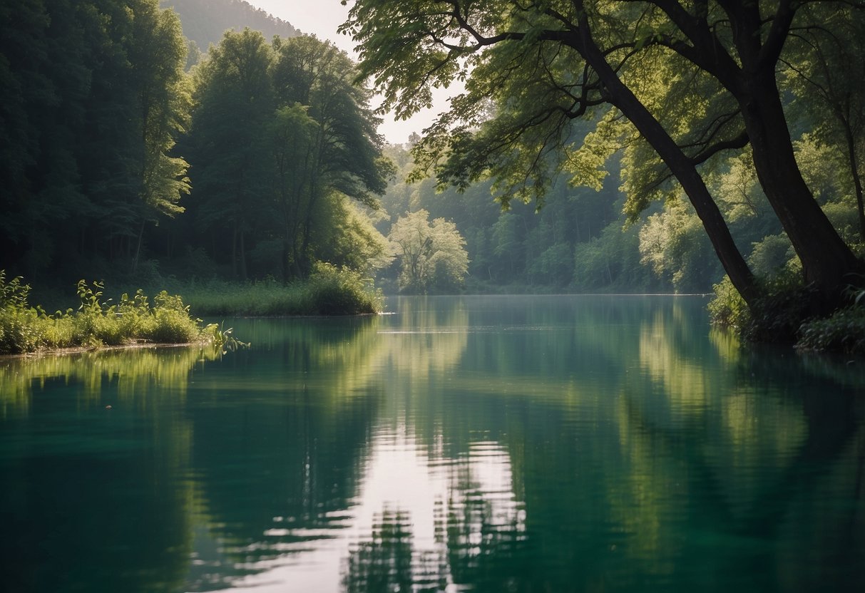 A serene lake surrounded by lush greenery, with a single figure submerged in the cold water, exuding a sense of peace and inner strength